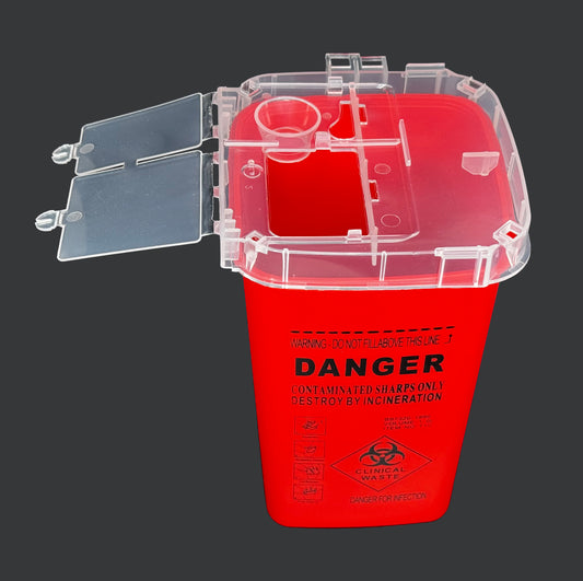 Red Container for the Sharps. 1 Liter capacity